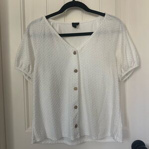 White Swiss Dot Puff Sleeve Button-Up Women's Top